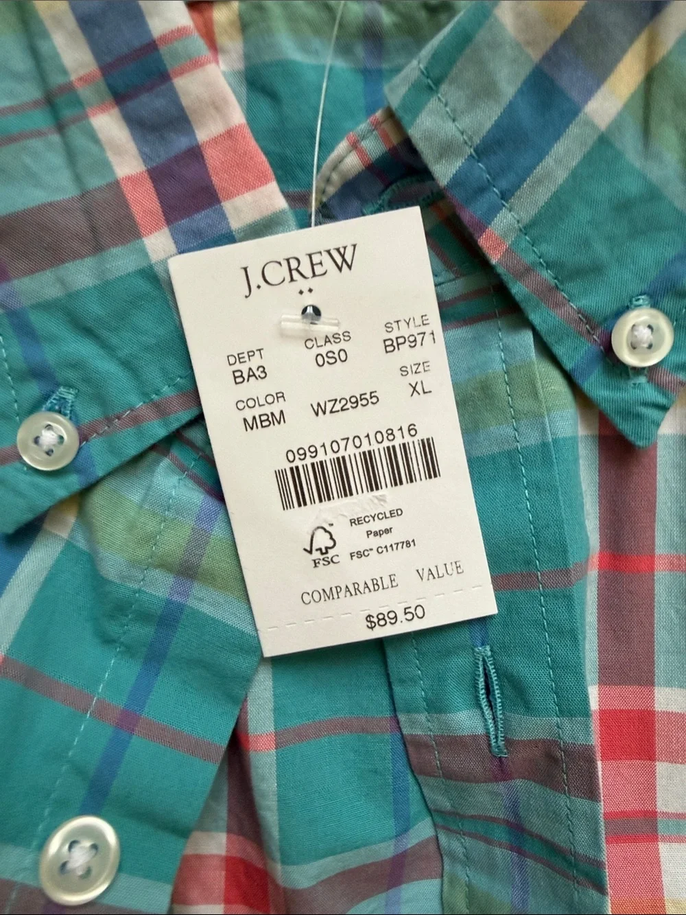 J. Crew Teal, Red & White Plaid Button-Down Slim Fit Untucked Shirt - Size XL